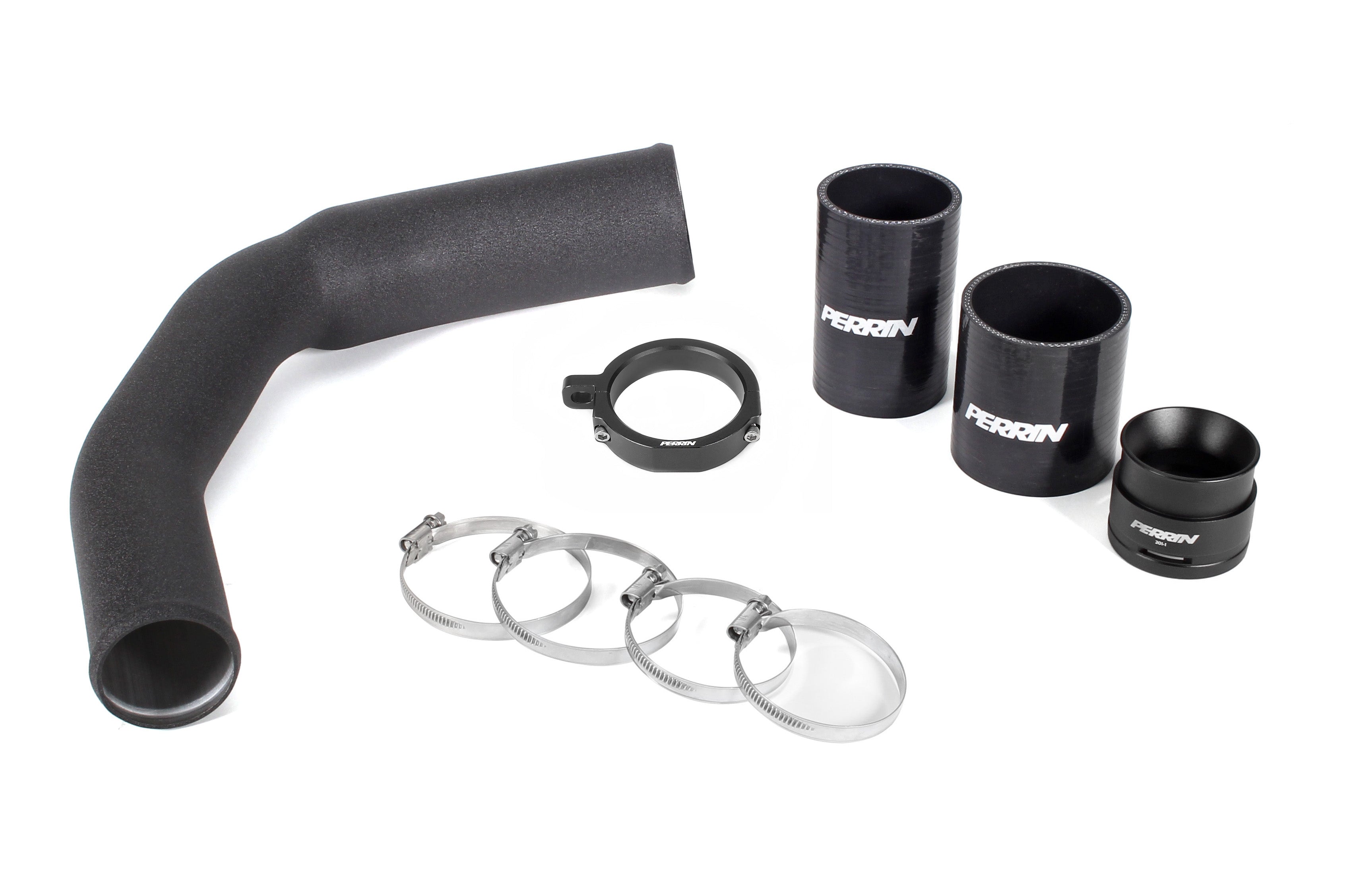 PERRIN Charge Pipe with black powder coat finish and couplers installed on end.