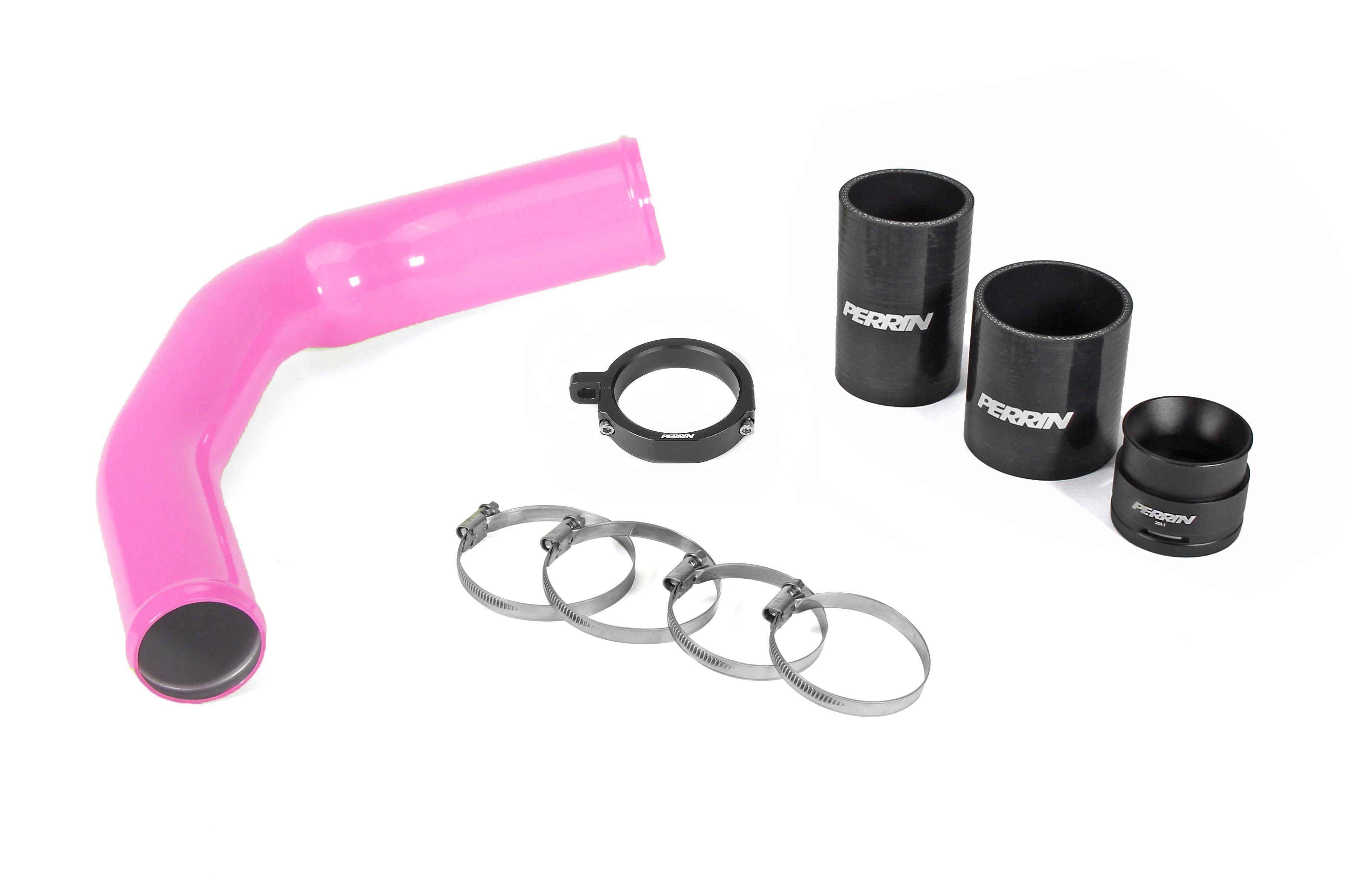 PERRIN Charge Pipe with hyper pink powder coat finish and couplers installed on end.