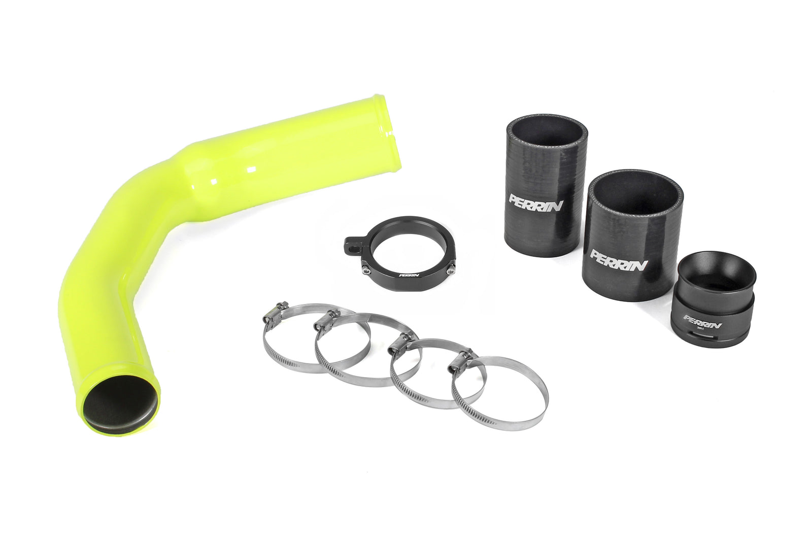 PERRIN Charge Pipe with neon yellow powder coat finish and couplers installed on end.