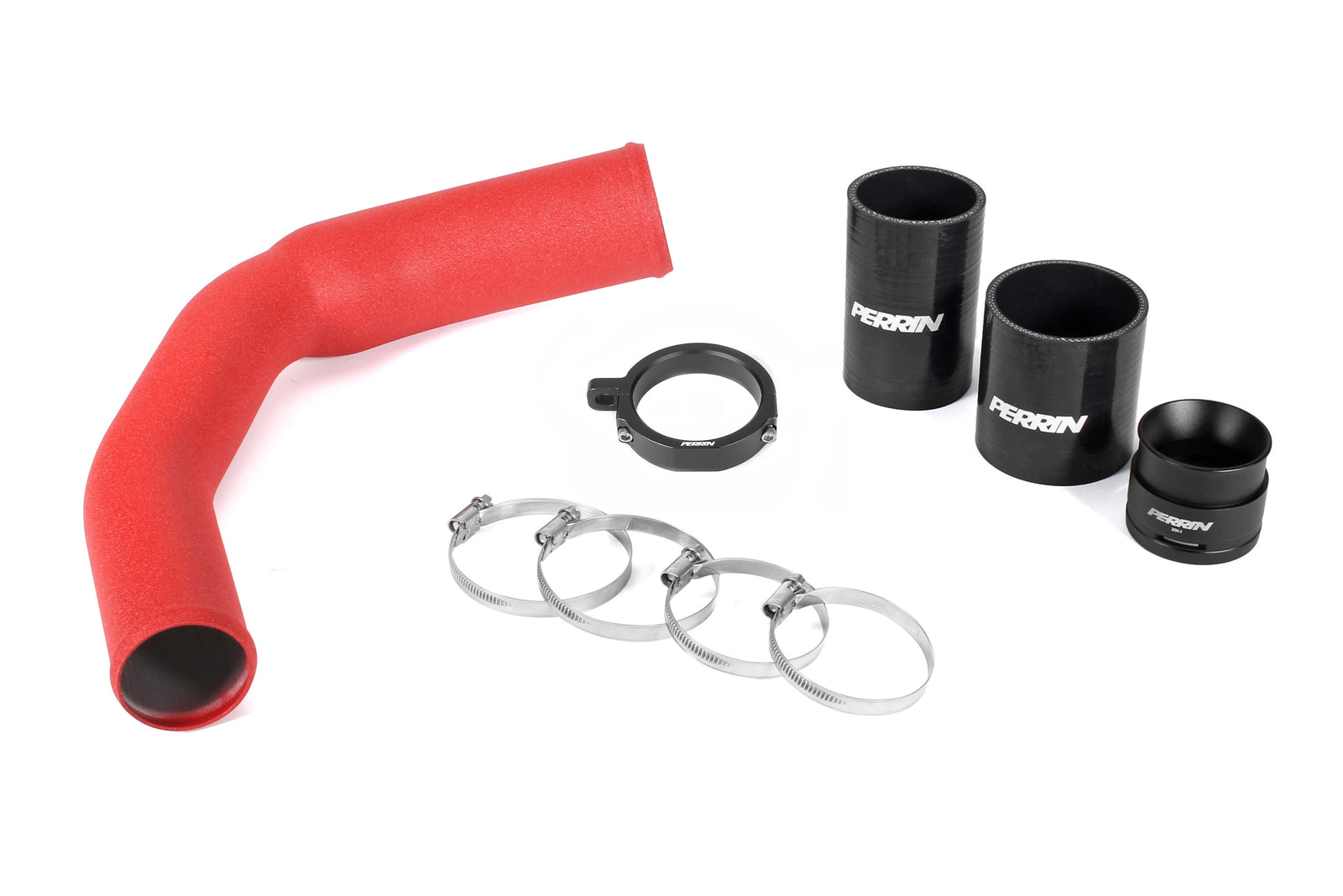 PERRIN Charge Pipe with red powder coat finish and couplers installed on end.