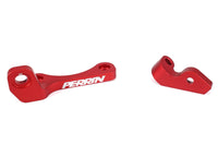 Red aluminum top mount intercooler bracket set with the Perrin logo, designed for secure intercooler installation.