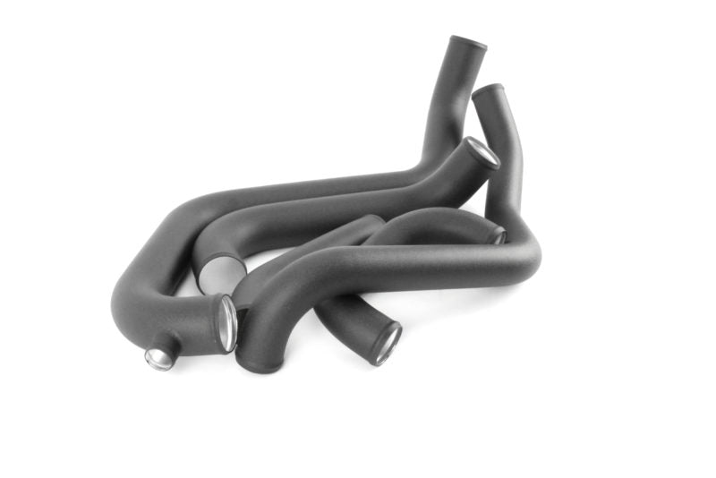 Front mount intercooler kit components for 2002-2007 WRX/STI, featuring black silicone hoses and aluminum fittings.