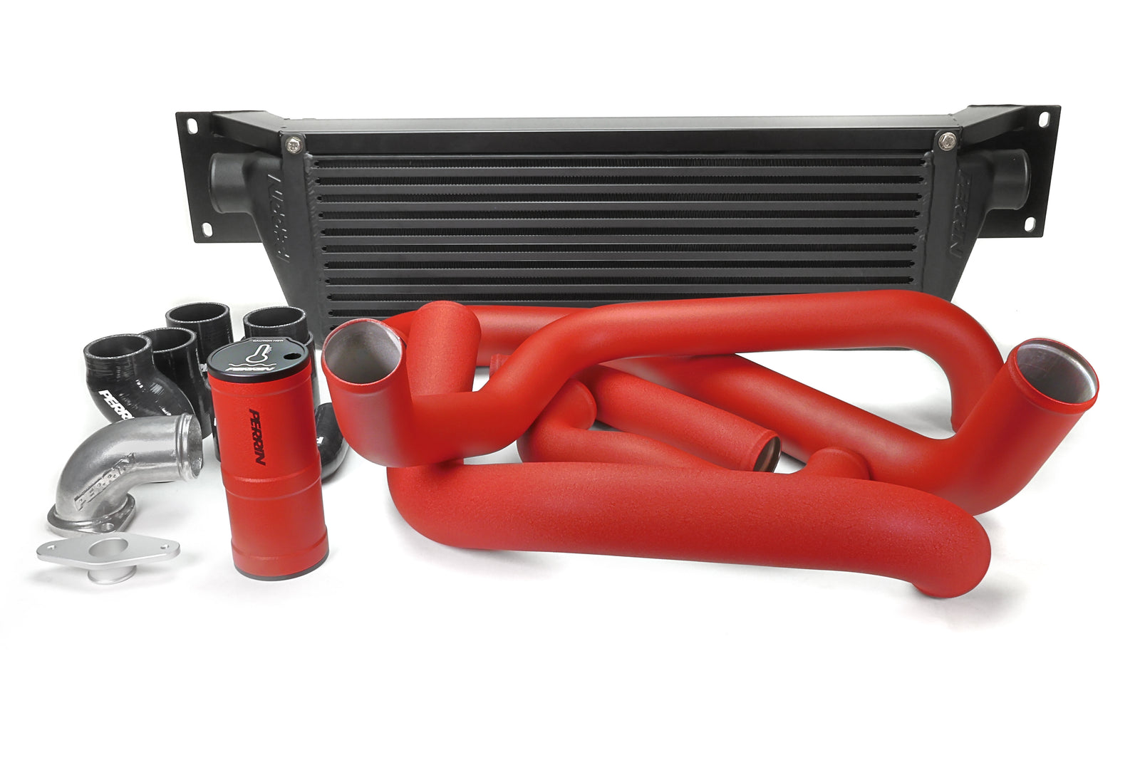 PERRIN Front Mount Intercooler Kit with black core and red piping for 2008-2014 WRX.