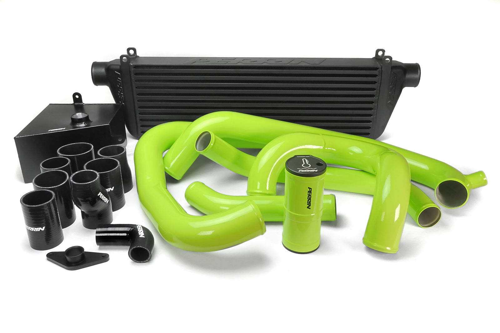 PERRIN Front Mount Intercooler Kit with black core and neon yellow piping for 2015-2021 STI.