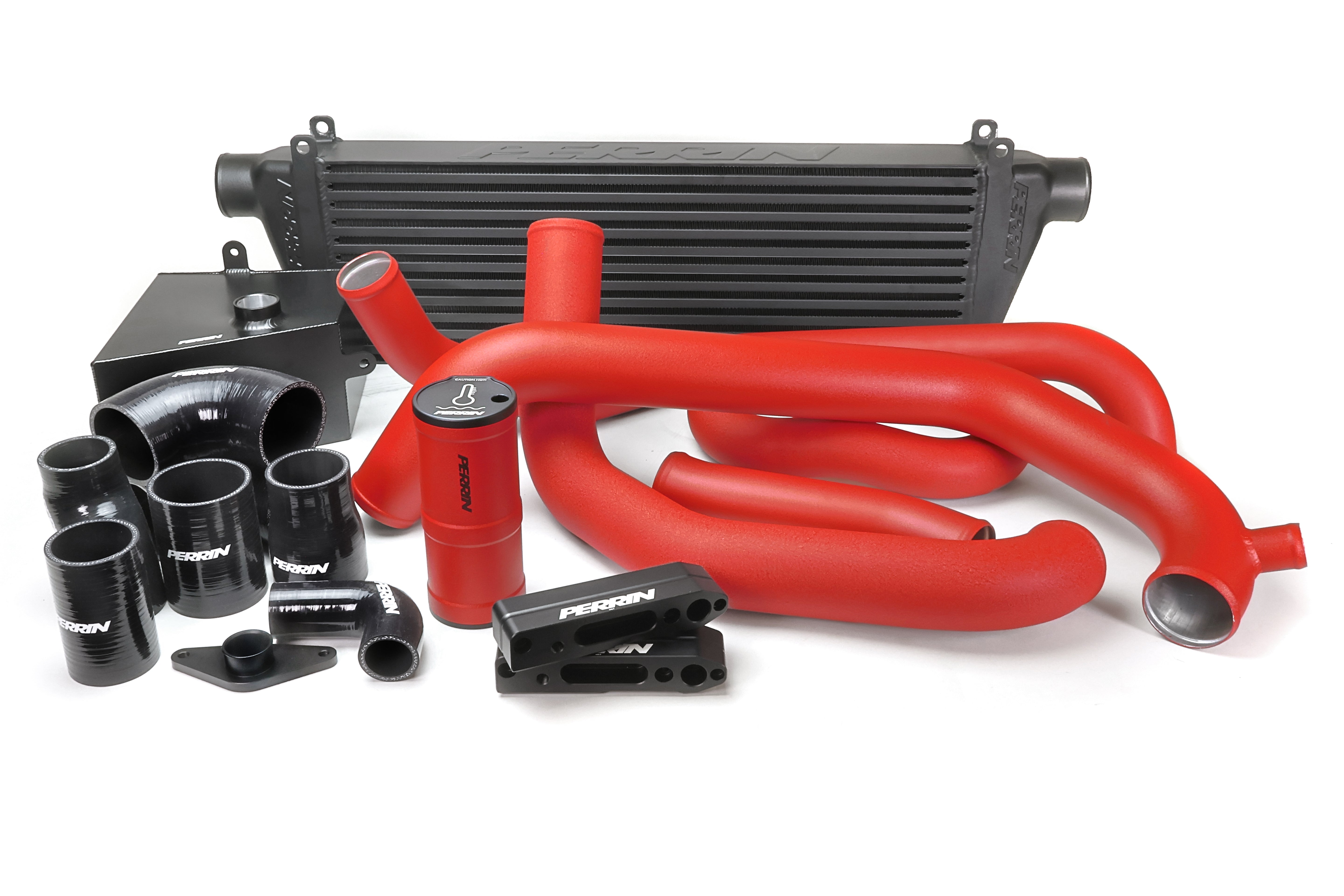 PERRIN Front Mount Intercooler Kit with black core and red piping for 2015-2021 STI.