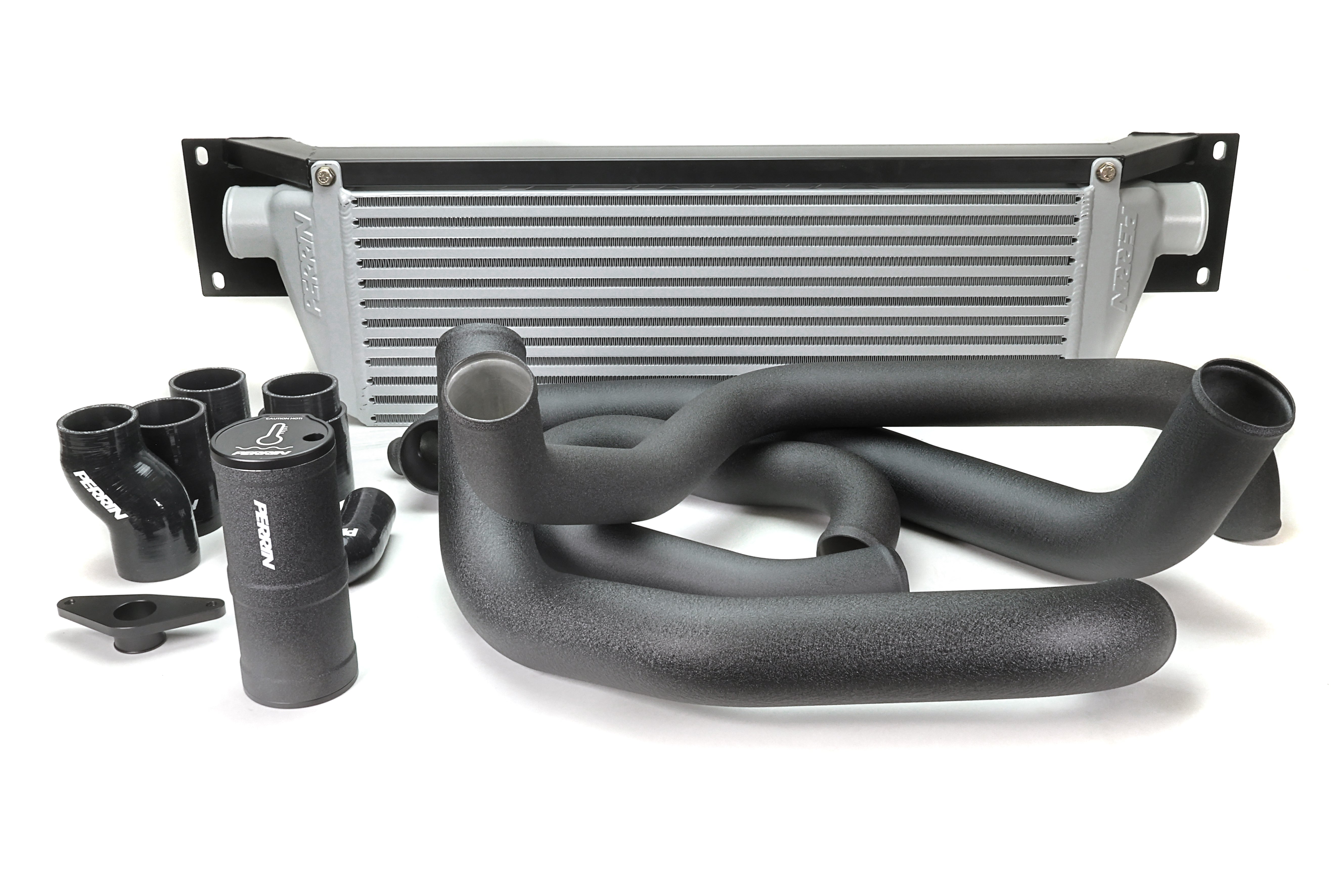 PERRIN Front Mount Intercooler Kit with silver core and black piping for 2008-2014 STI.