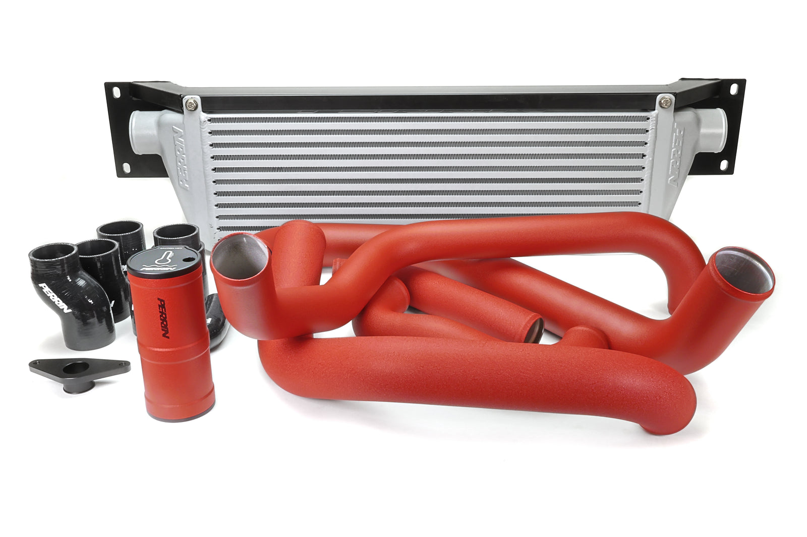 PERRIN Front Mount Intercooler Kit with silver core and red piping for 2008-2014 STI.