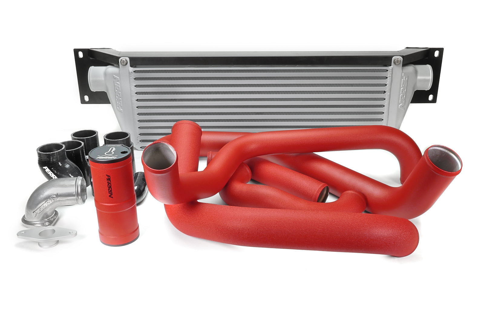 PERRIN Front Mount Intercooler Kit with silver core and red piping for 2008-2014 WRX.