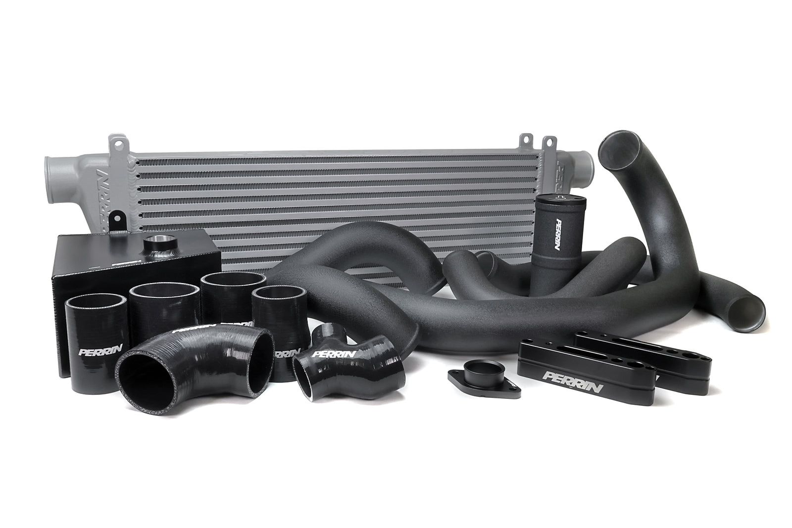 PERRIN Front Mount Intercooler Kit with silver core and black piping for 2015-2021 WRX.