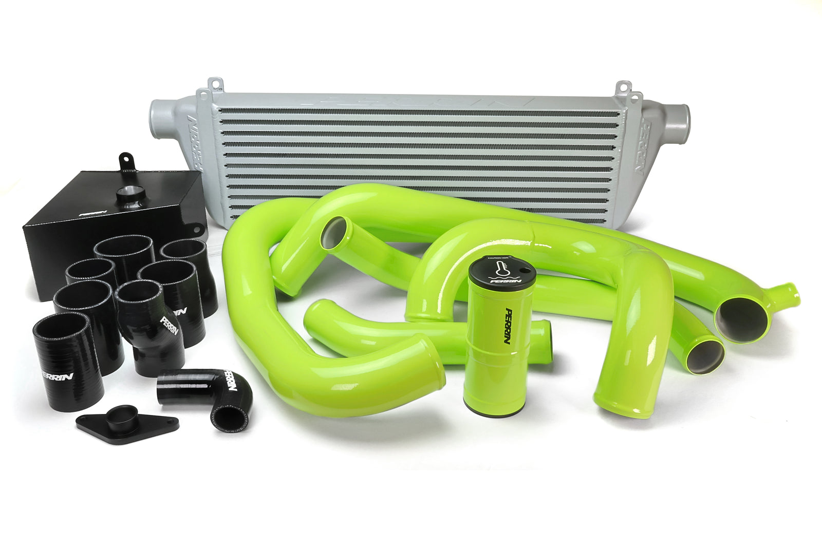 PERRIN Front Mount Intercooler Kit with silver core and neon yellow piping for 2015-2021 STI.