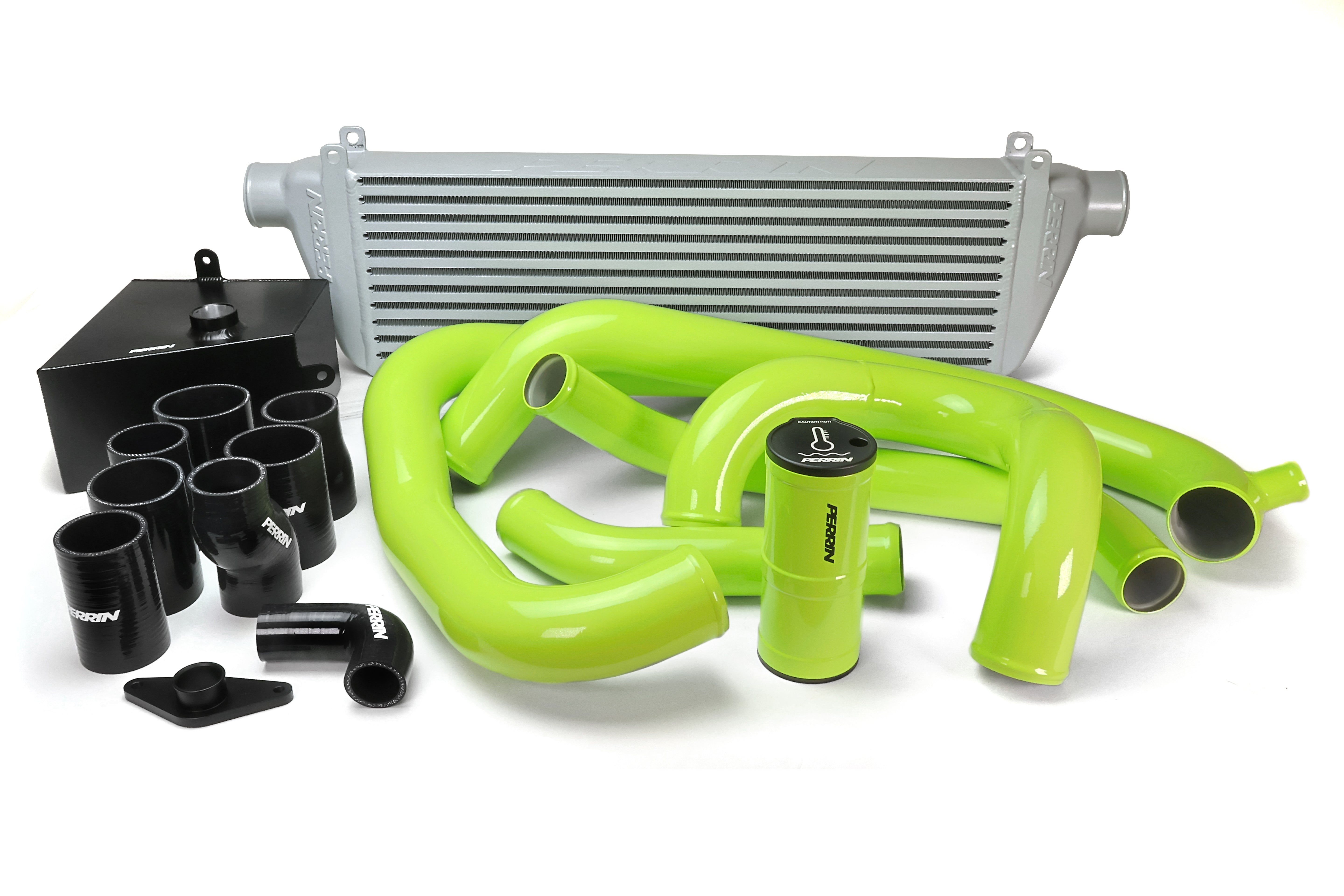 PERRIN Front Mount Intercooler Kit with silver core and neon yellow piping for 2015-2021 STI.