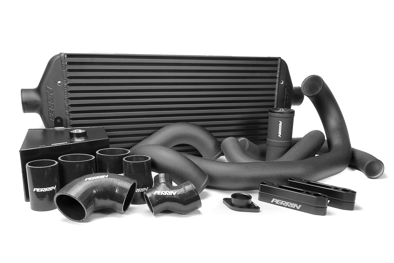 PERRIN Front Mount Intercooler Kit with large black core and black piping for 2015-2021 WRX.