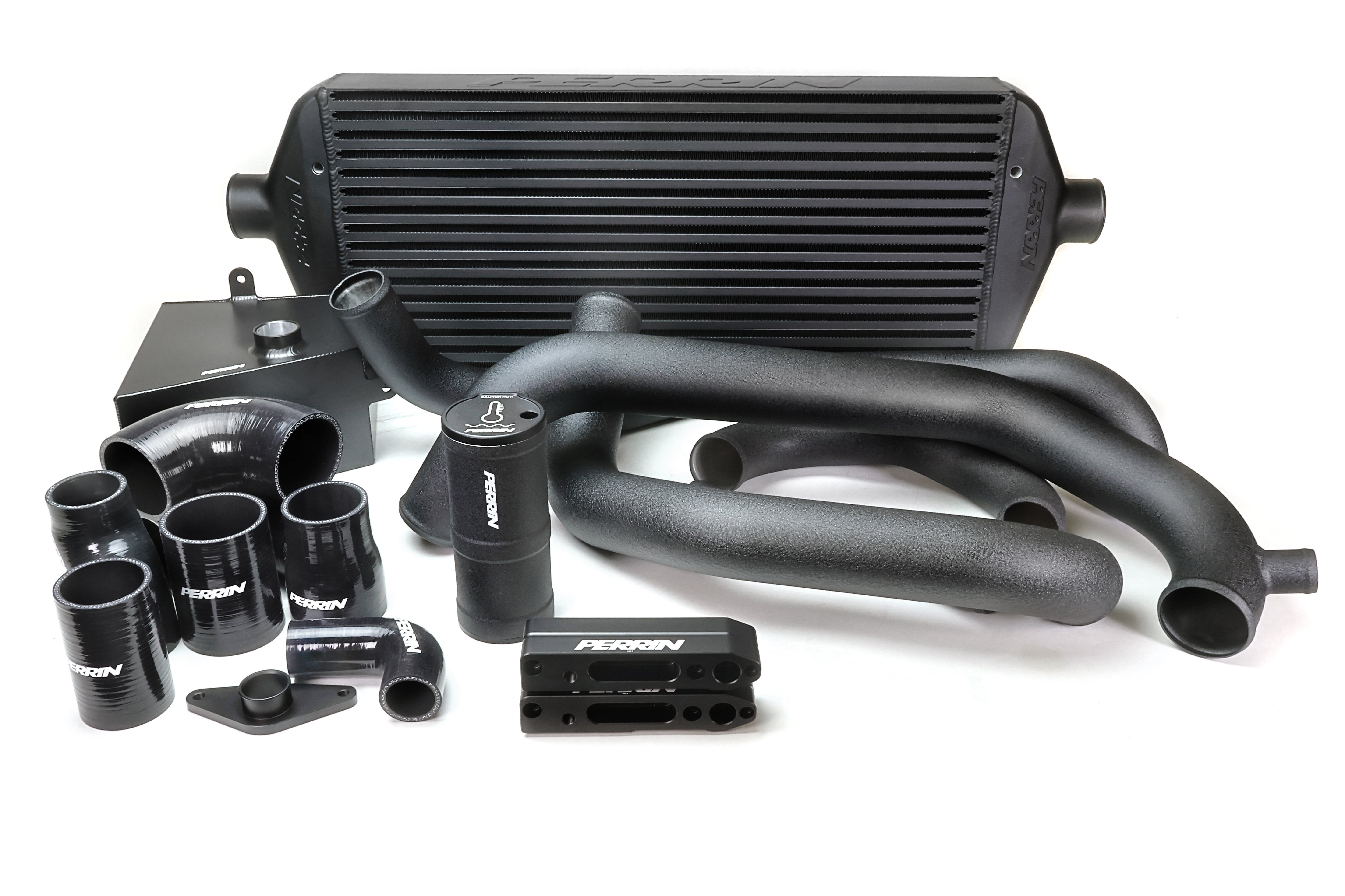 PERRIN Front Mount Intercooler Kit with large black core and black piping for 2015-2021 STI.