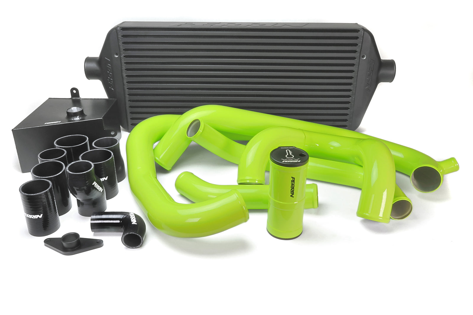 PERRIN Front Mount Intercooler Kit with large black core and neon yellow piping for 2015-2021 STI.