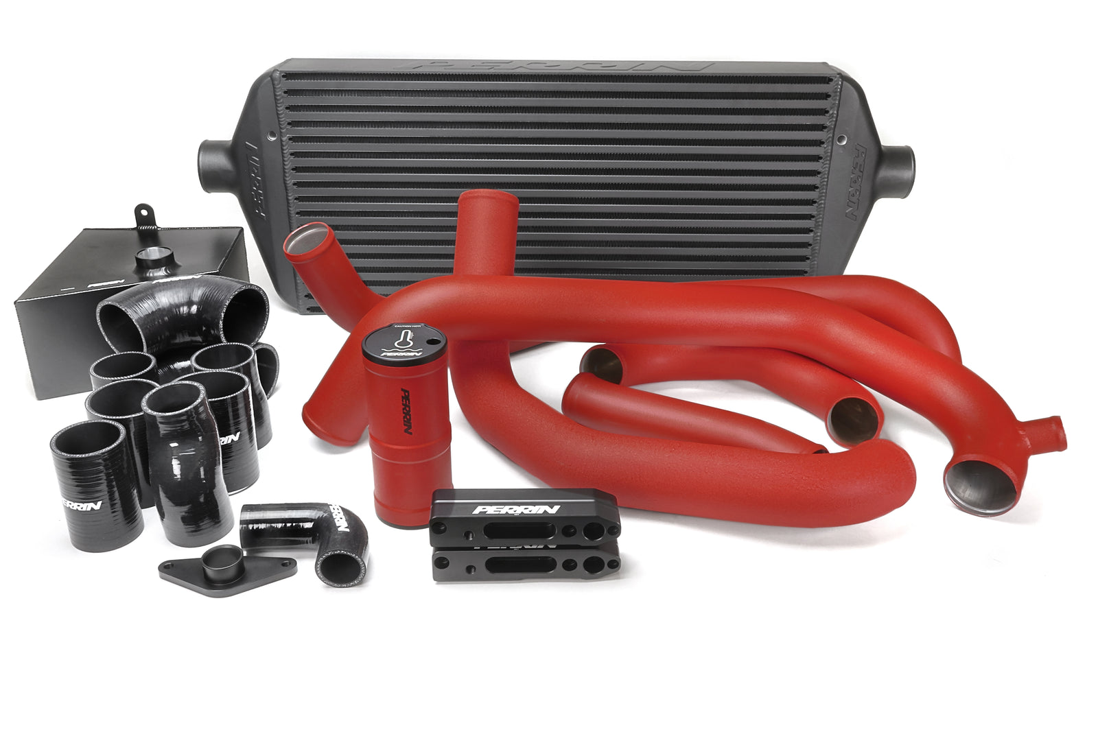 PERRIN Front Mount Intercooler Kit with large black core and red piping for 2015-2021 STI.