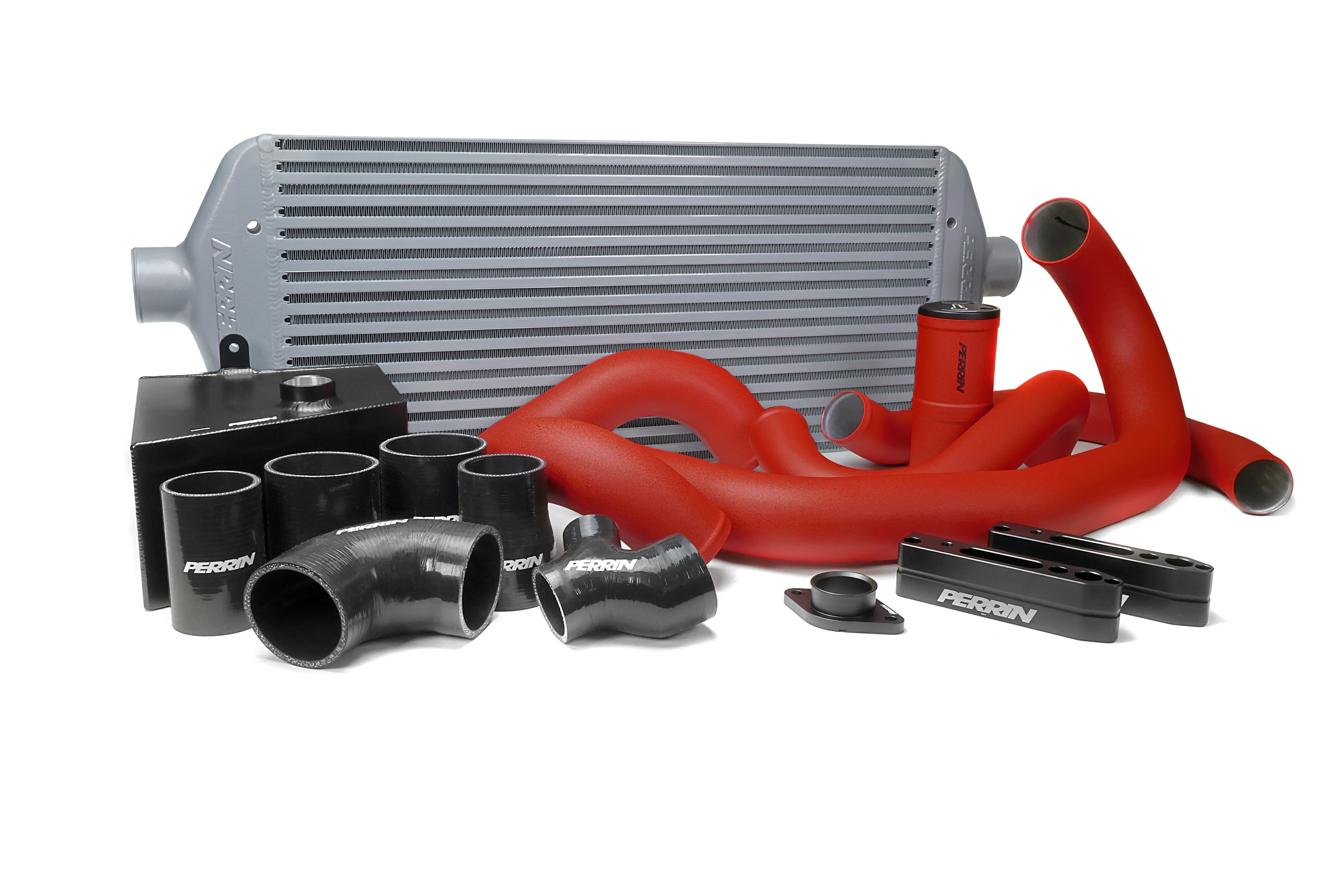 PERRIN Front Mount Intercooler Kit with large silver core and red piping for 2015-2021 WRX.