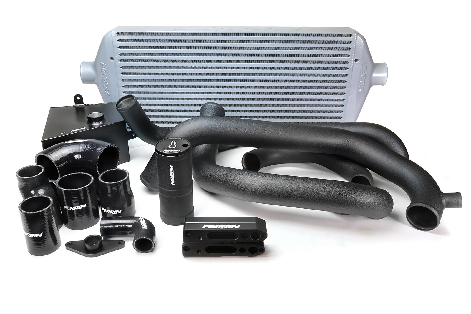 PERRIN Front Mount Intercooler Kit with large silver core and black piping for 2015-2021 STI.