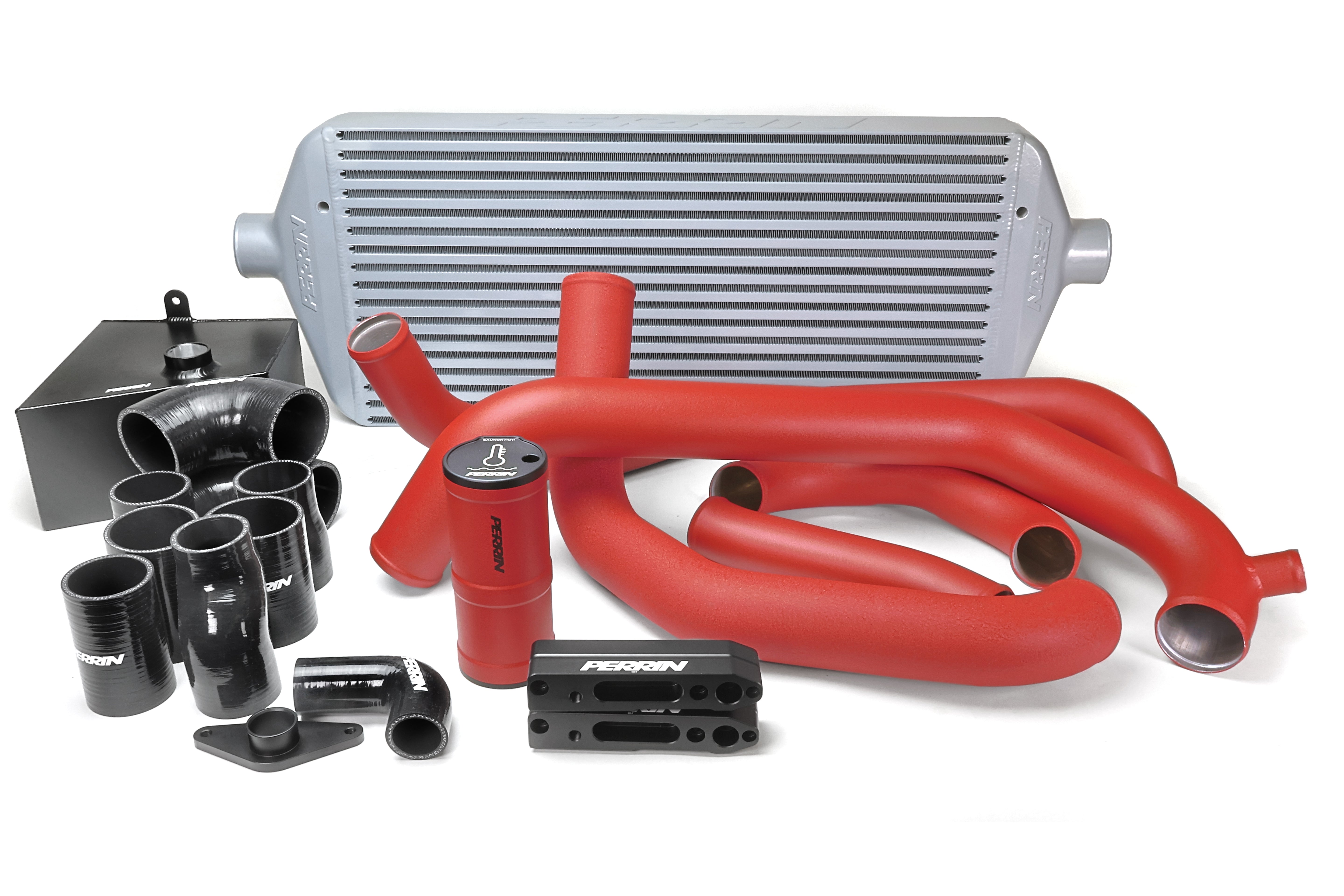 PERRIN Front Mount Intercooler Kit with large silver core and red piping for 2015-2021 STI.