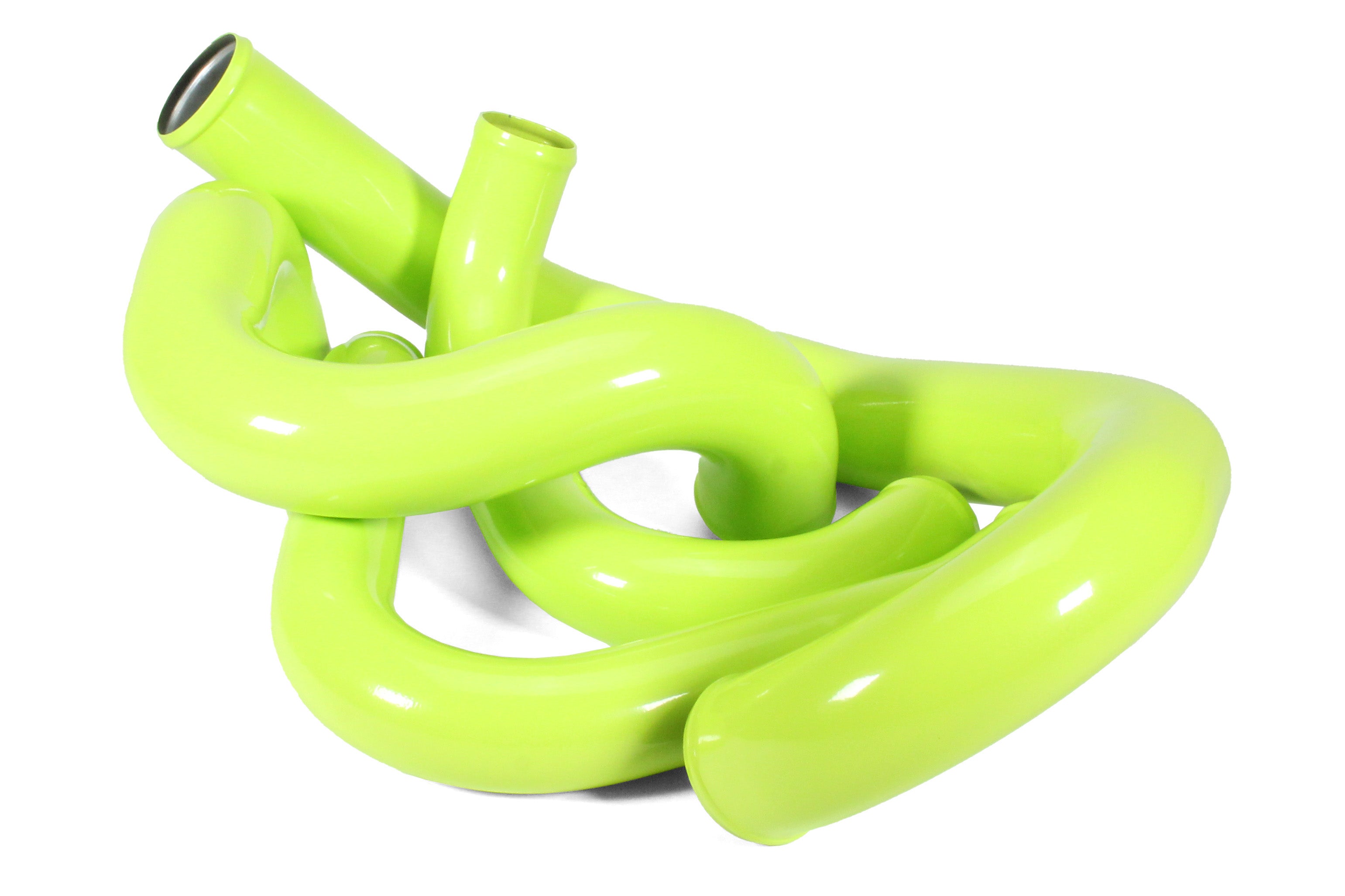 Bright green silicone hoses for a front mount intercooler kit designed for 2015-2021 WRX models.