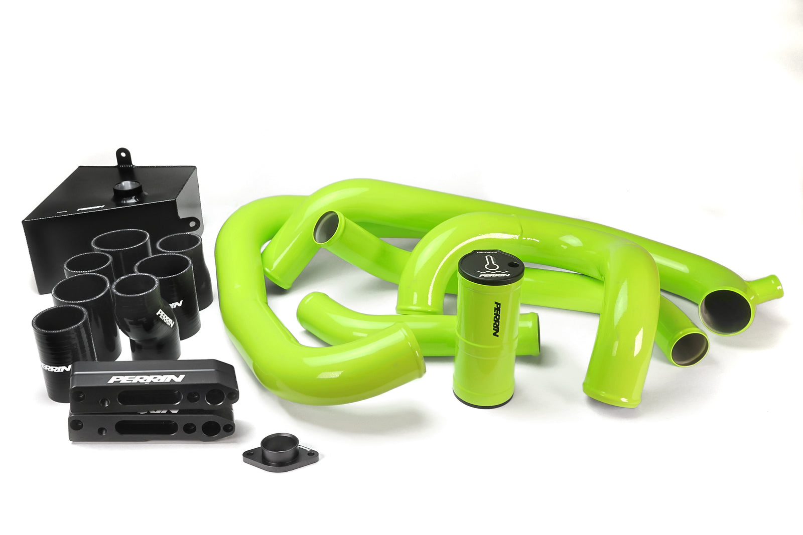 PERRIN Front Mount Intercooler Kit with neon yellow piping for 2015-2021 WRX.