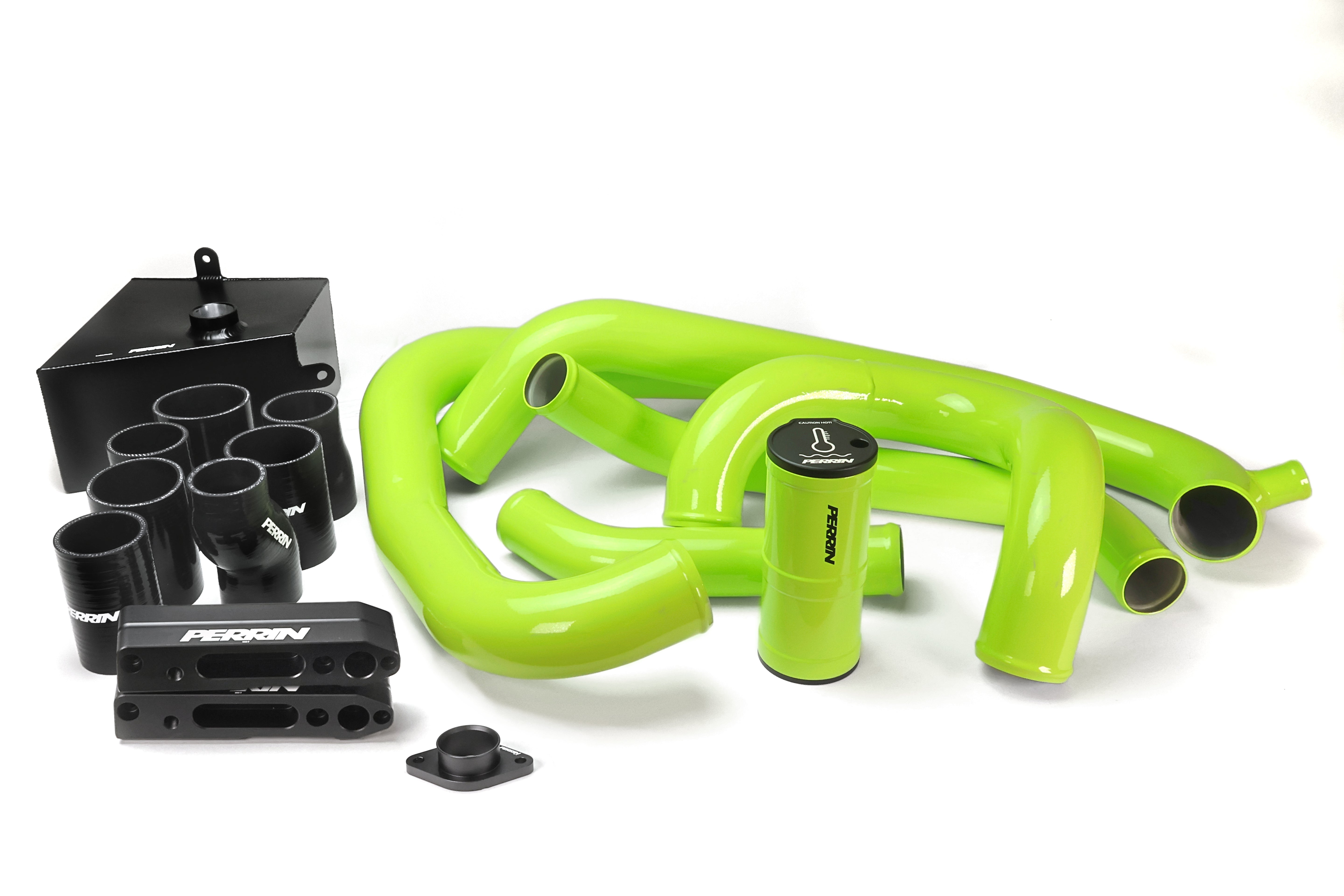 PERRIN Front Mount Intercooler Kit with neon yellow piping for 2015-2021 WRX.
