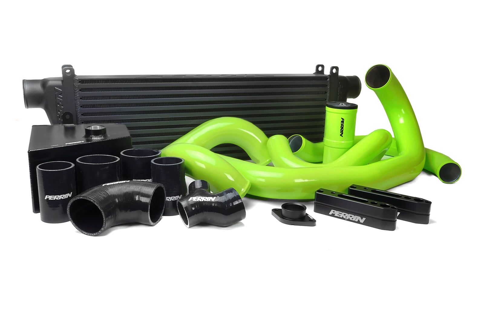 Front mount intercooler kit for 2015-2021 WRX featuring black and green silicone hoses and aluminum components.