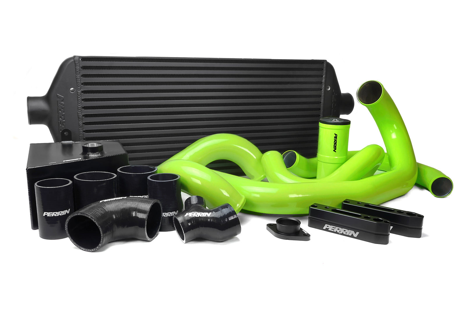 Front mount intercooler kit for 2015-2021 WRX, featuring black hoses and vibrant green piping for enhanced performance.
