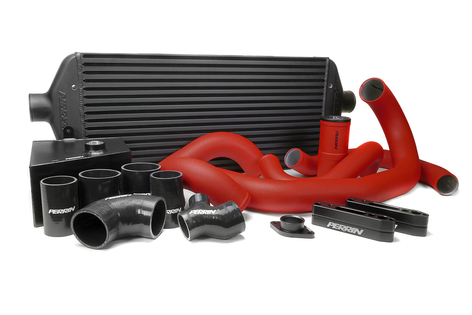 Front mount intercooler kit for 2015-2021 WRX, featuring red silicone hoses and black aluminum components for enhanced performance.