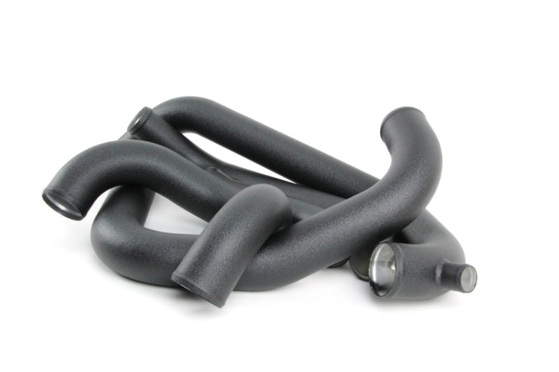 Front mount intercooler kit for 2015-2021 STI featuring black silicone hoses and aluminum fittings.