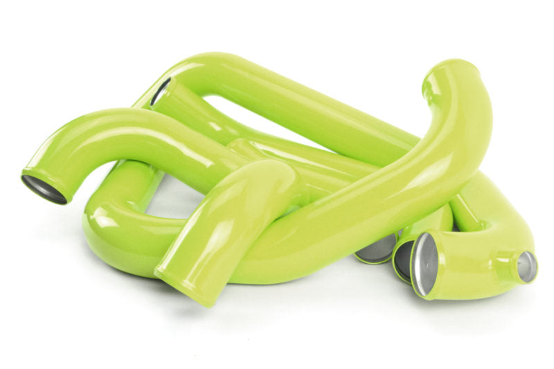 Bright green intercooler piping components for a front mount intercooler kit designed for 2015-2021 Subaru STI models.