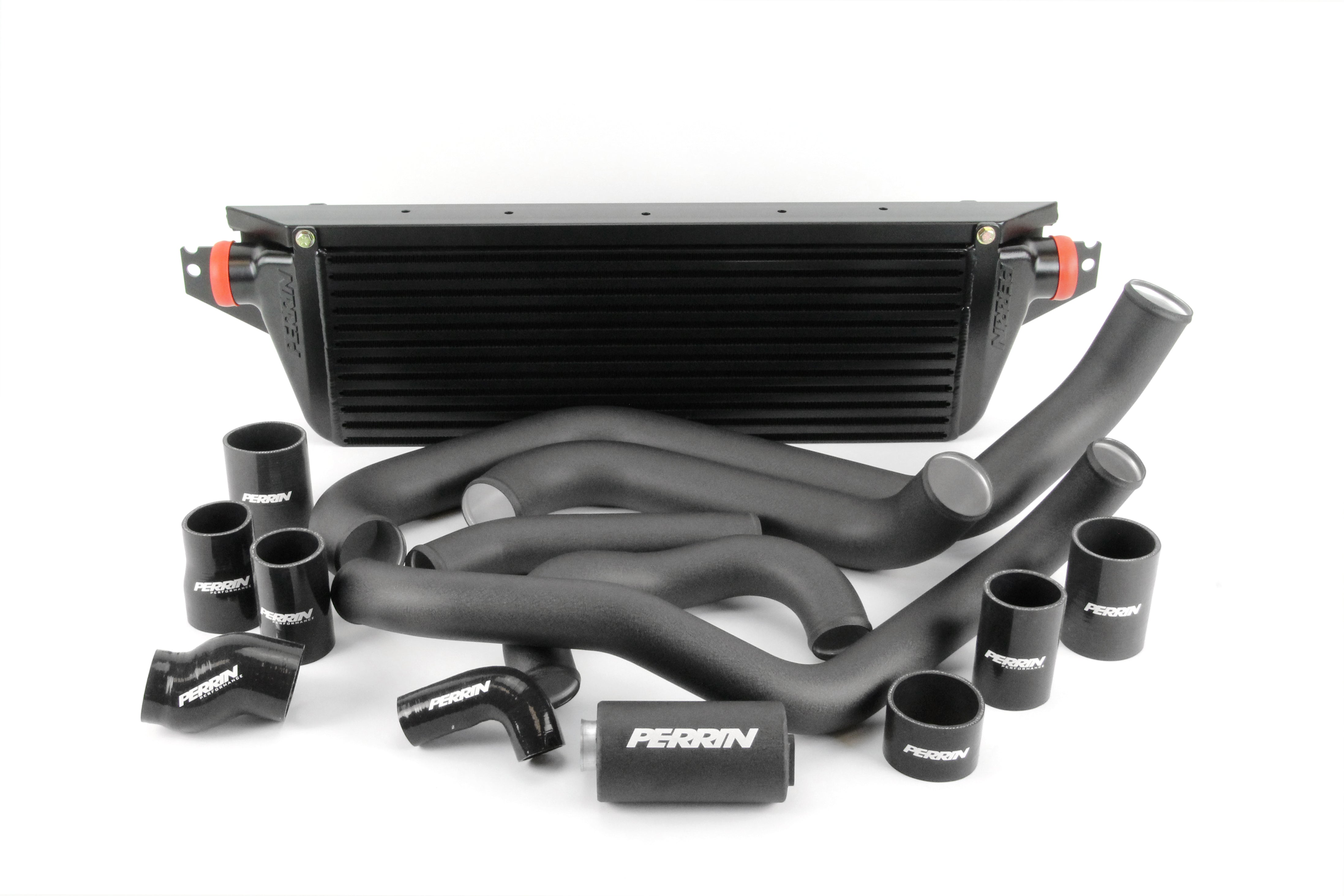 Front mount intercooler kit for 2008-2014 STI, featuring black piping and silicone hoses for enhanced performance.
