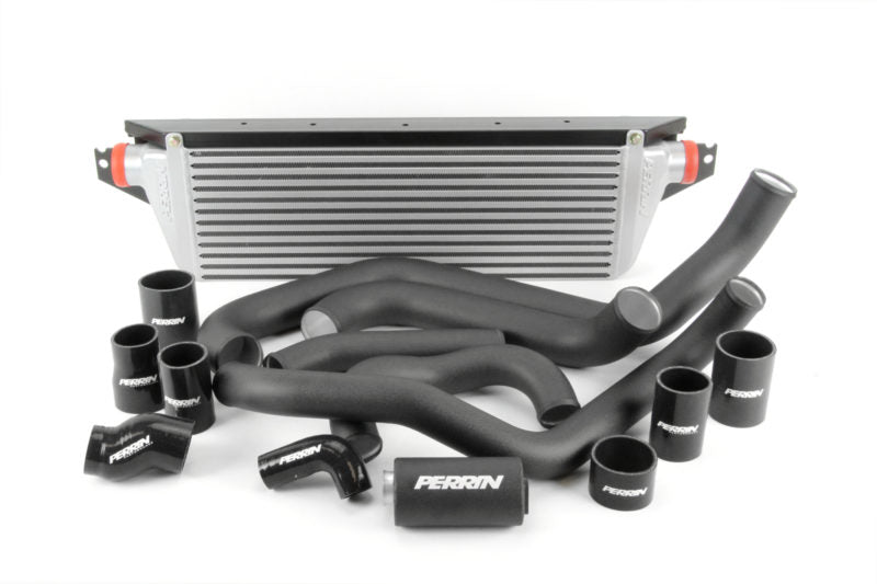 Front mount intercooler kit for 2002-2007 WRX/STI, featuring a large intercooler and various silicone hoses and fittings.