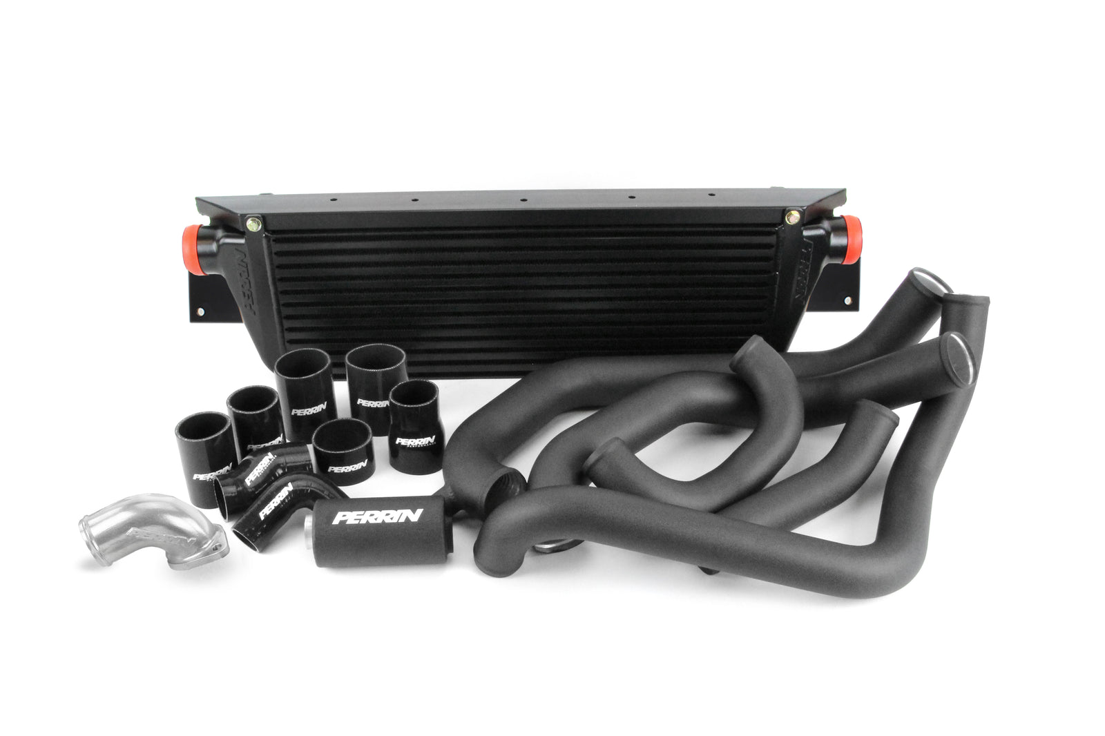 Front mount intercooler kit for 2008-2014 WRX, featuring intercooler, piping, and silicone couplers for performance upgrades.