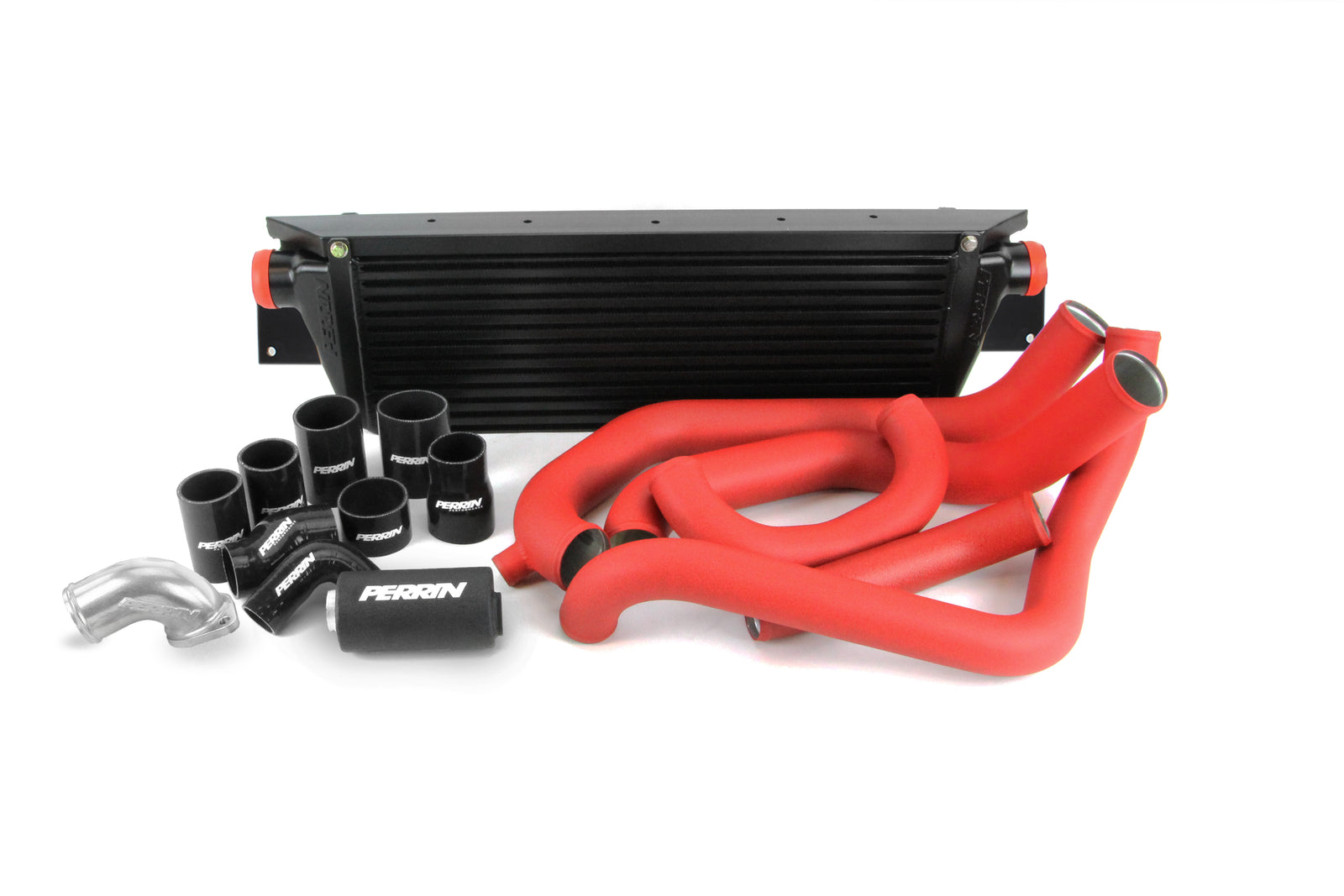 Front mount intercooler kit for 2008-2014 WRX, featuring a large core and red silicone hoses for optimal performance.
