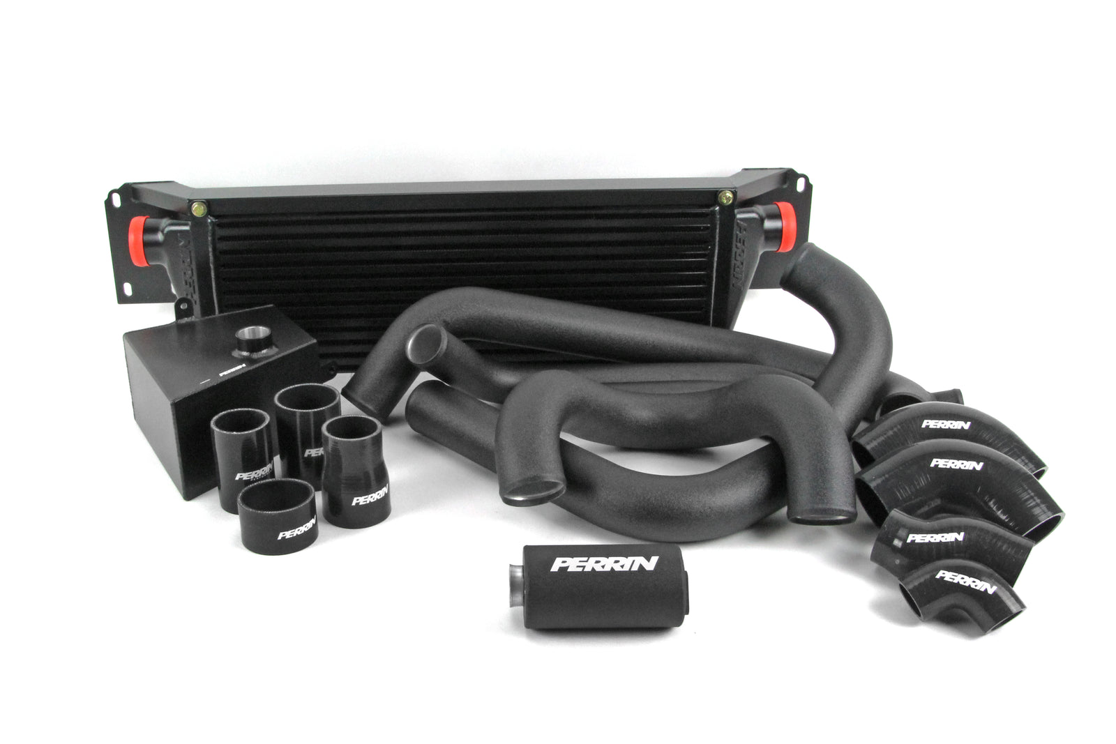 Front mount intercooler kit for 2015-2021 STI, featuring black hoses and components for enhanced performance.