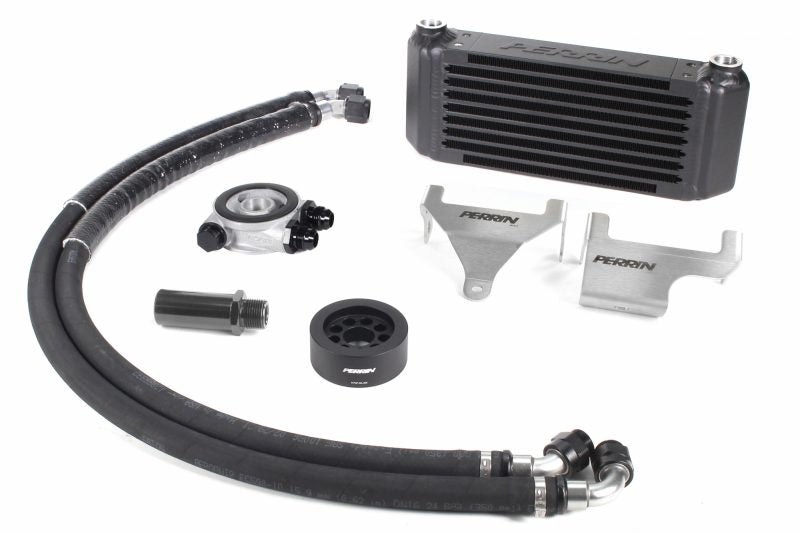 Oil cooler full kit for 2015-2021 WRX, including cooler, hoses, fittings, and mounting hardware for efficient cooling.