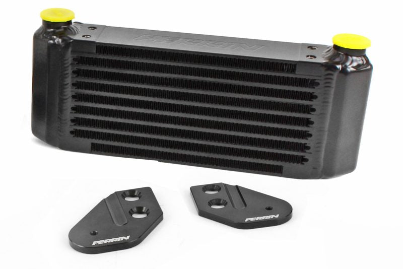 Oil cooler tuner kit for BRZ/FR-S/86/GR86 featuring a black cooler and two mounting brackets.