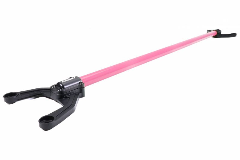 Rear shock tower brace for WRX/STI, featuring a pink aluminum bar and black mounting points for enhanced stability.