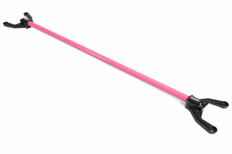 Rear shock tower brace for WRX/STI, featuring a pink bar with black mounting brackets for enhanced vehicle stability.
