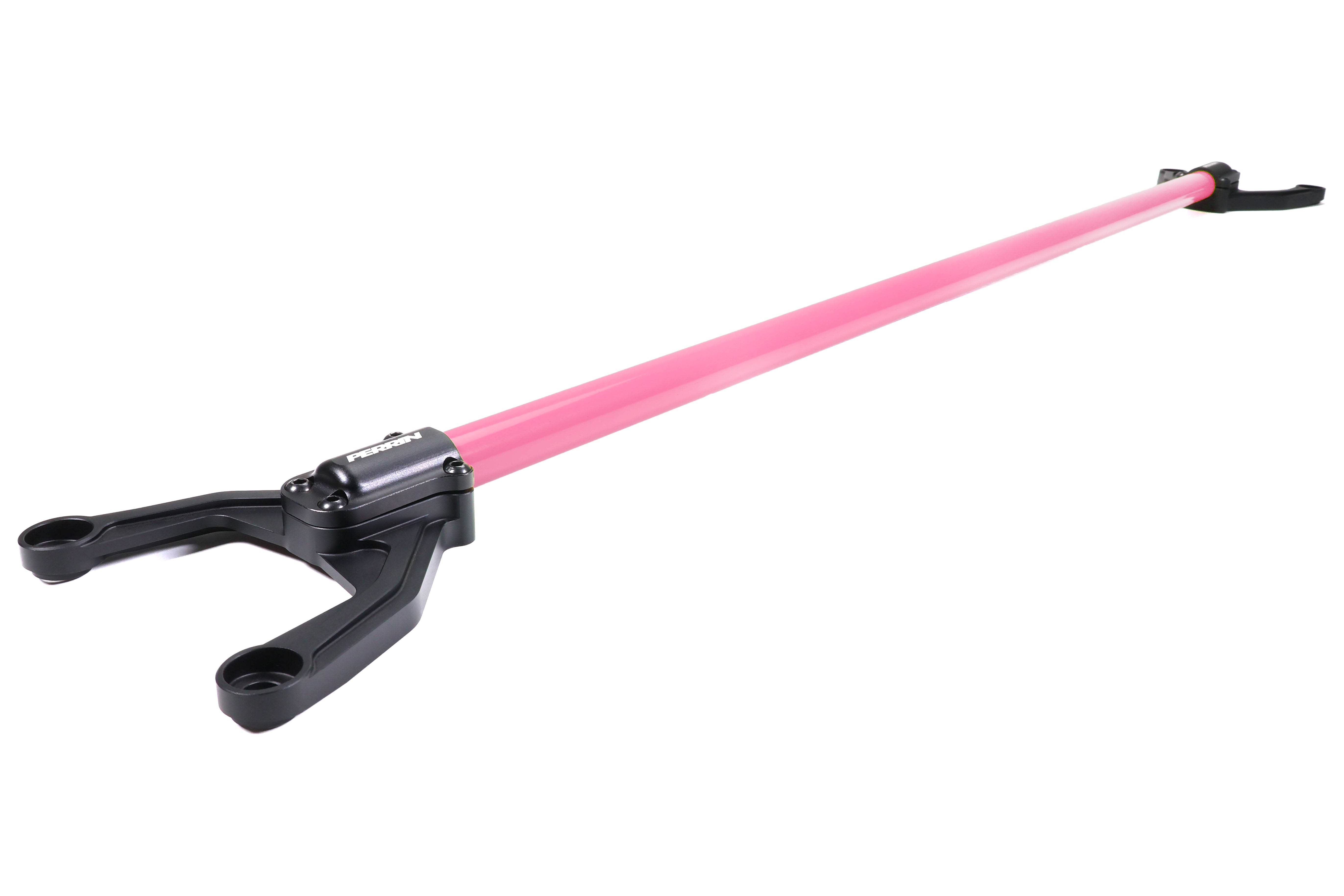 Rear shock tower brace for 2022-2025 WRX, featuring a pink aluminum bar and black mounting brackets for enhanced stability.
