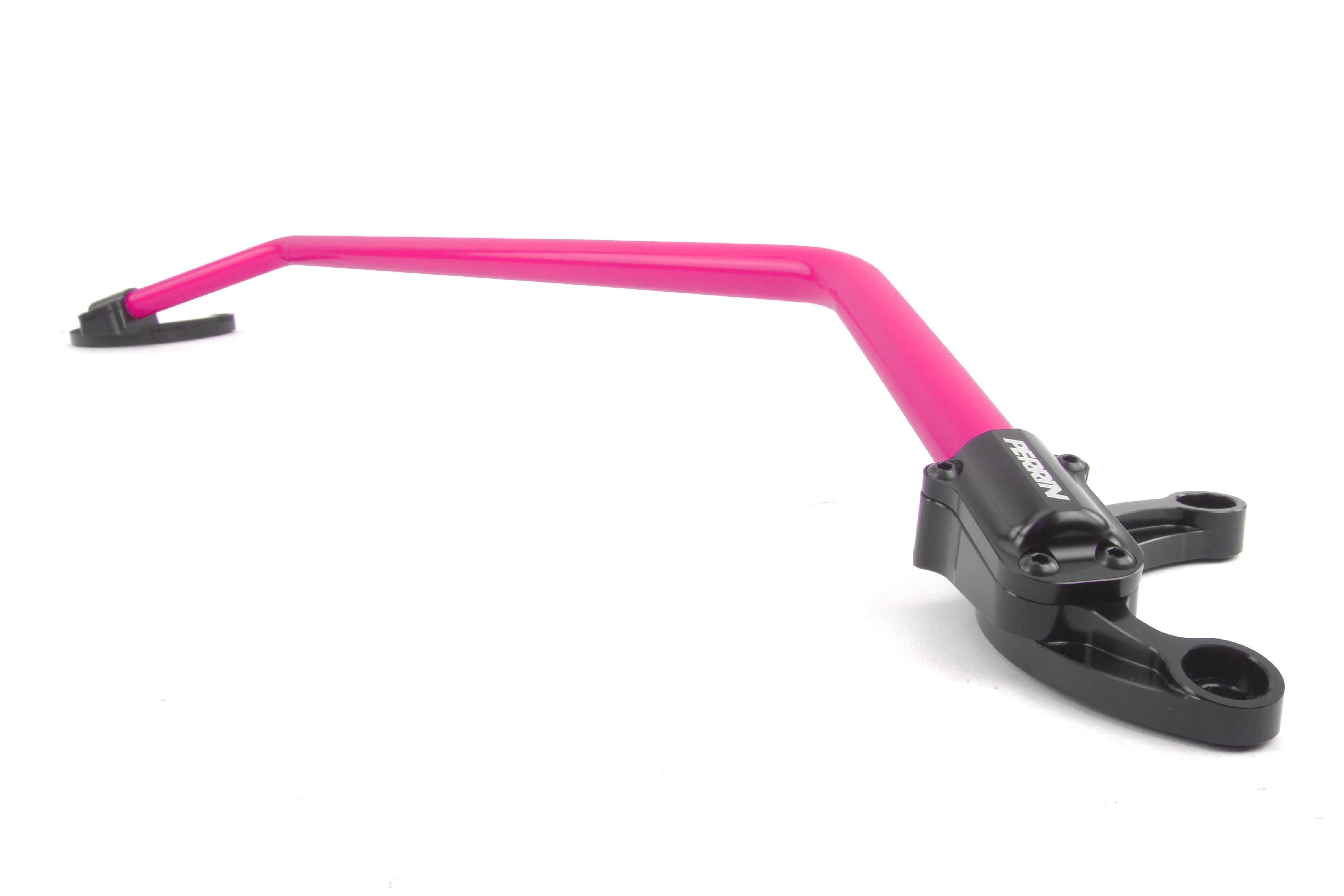 Front strut brace for 2008-2021 Subaru WRX, STI, Forester, Legacy, Outback, Crosstrek, and Impreza in pink and black.