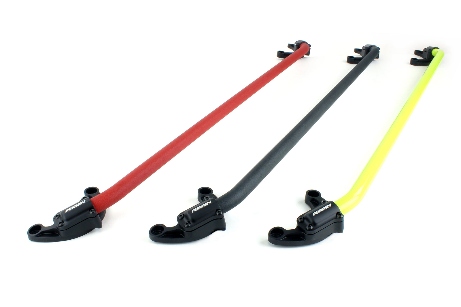 Front strut brace for 2019-2025 Subaru Forester, Wilderness, Crosstrek, and Impreza in red, black, and yellow options.