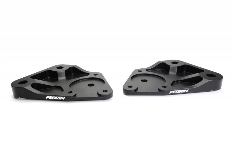 Black aluminum front control arm brace set with PERRIN logo, designed for enhanced vehicle stability and performance.