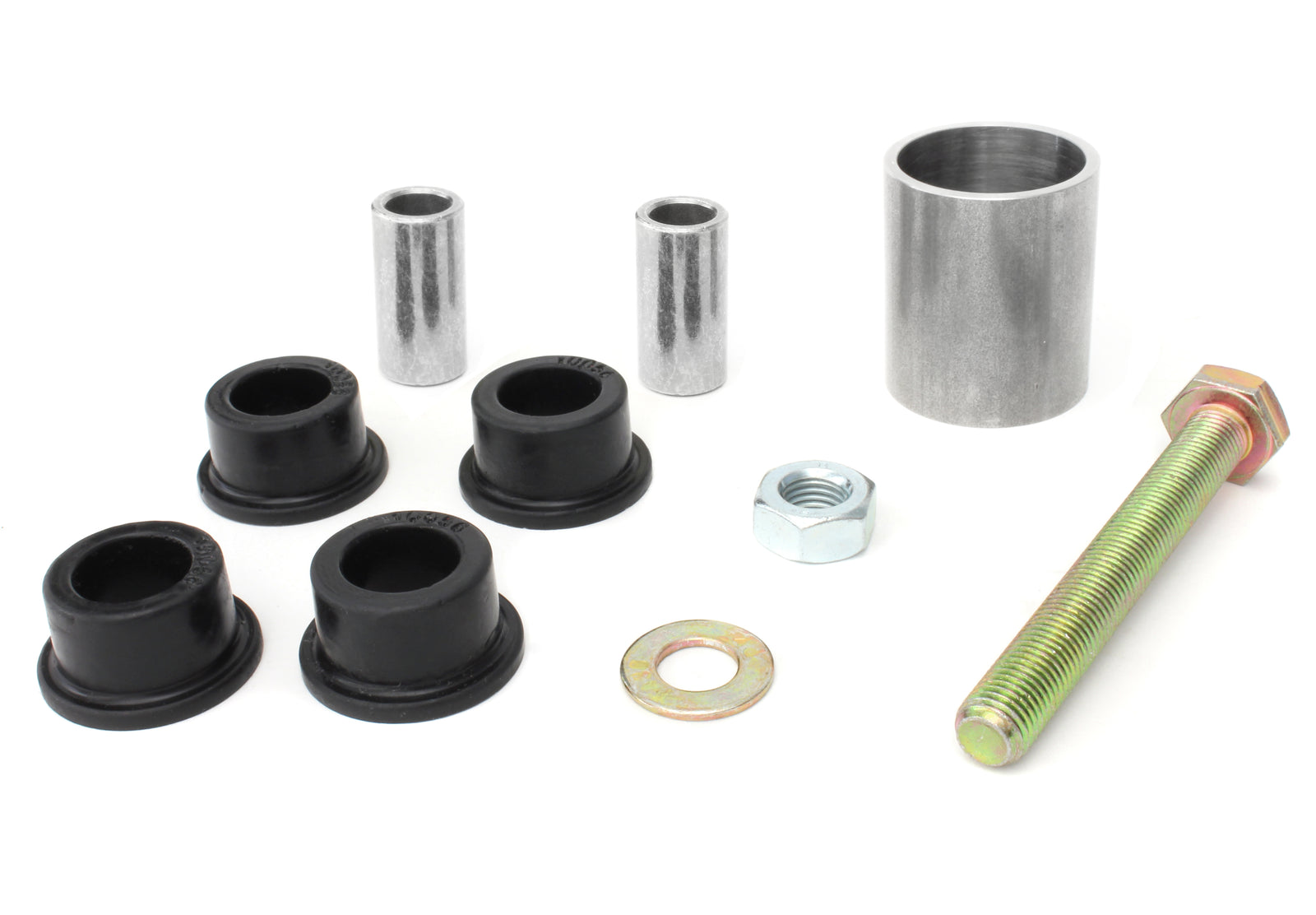 PERRIN Steering Rack Lockdown kit components on white background, four black polyurethane bushings and two aluminum sleeves