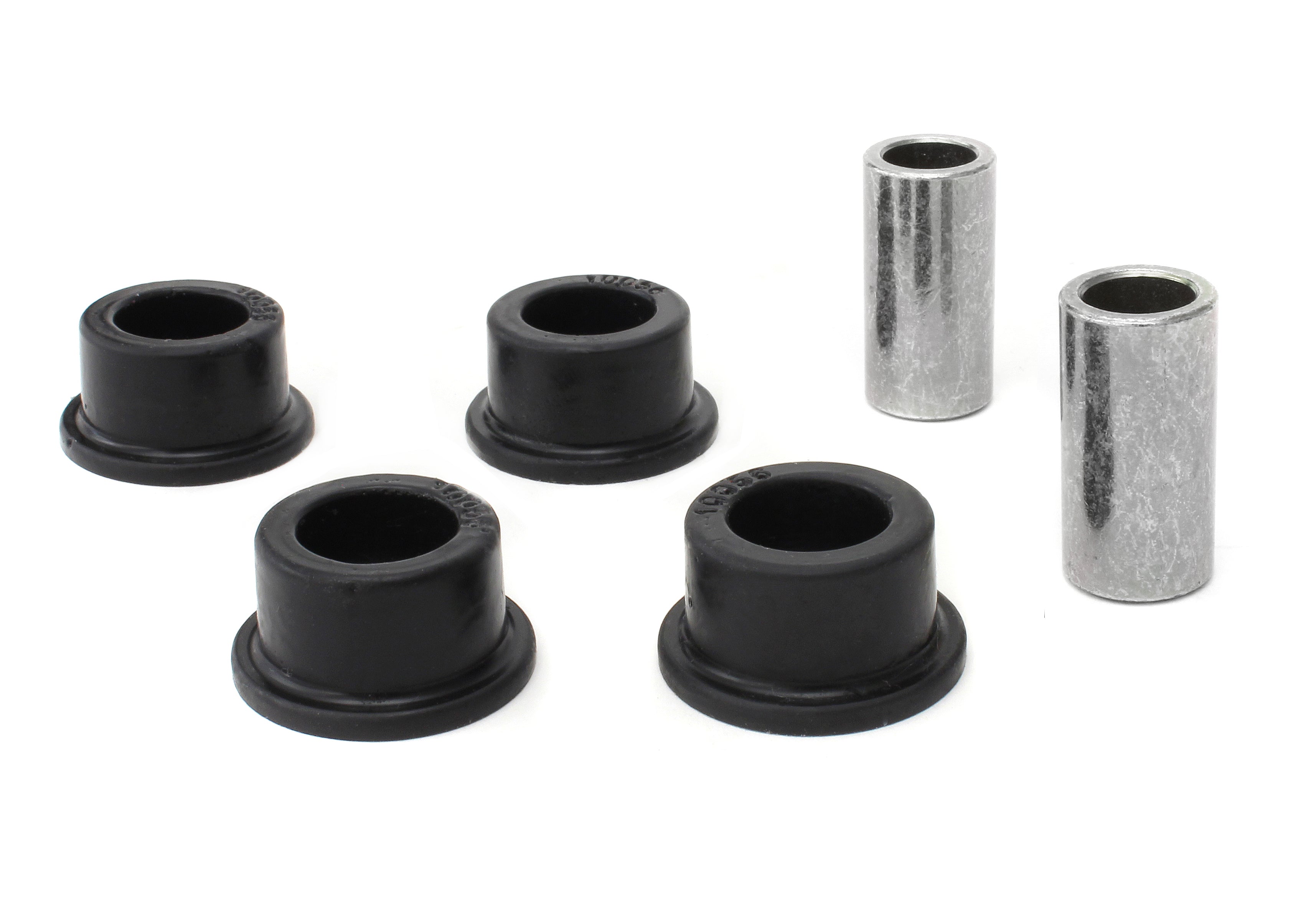 PERRIN Steering Rack Lockdown full kit laid out on white background showing bushings, sleeves, press tool, bolt, nut, and washer