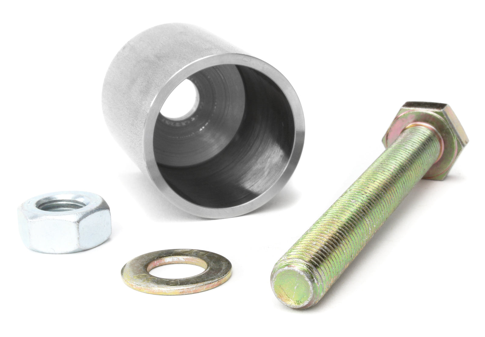 PERRIN Steering Rack Lockdown press tool, zinc bolt, nut, and washer on white background, detail shot showing machined bore