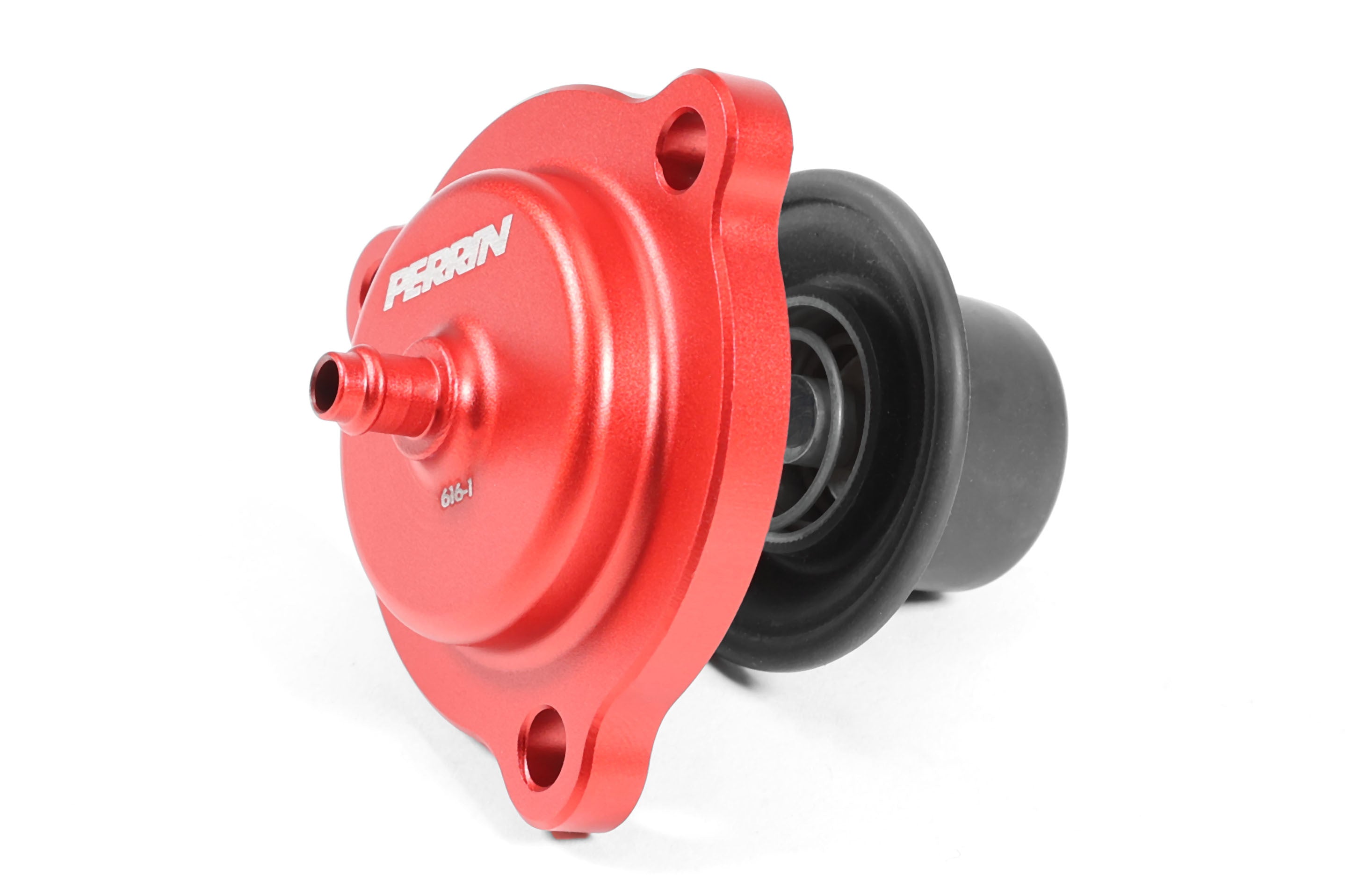 Perrin diverter valve in red and black, designed for enhanced performance in Subaru, Honda, Nissan, and Toyota vehicles.