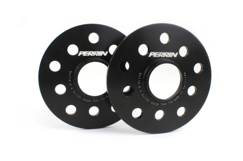 7mm Subaru wheel spacers in black aluminum with multiple holes for enhanced wheel fitment and stability.