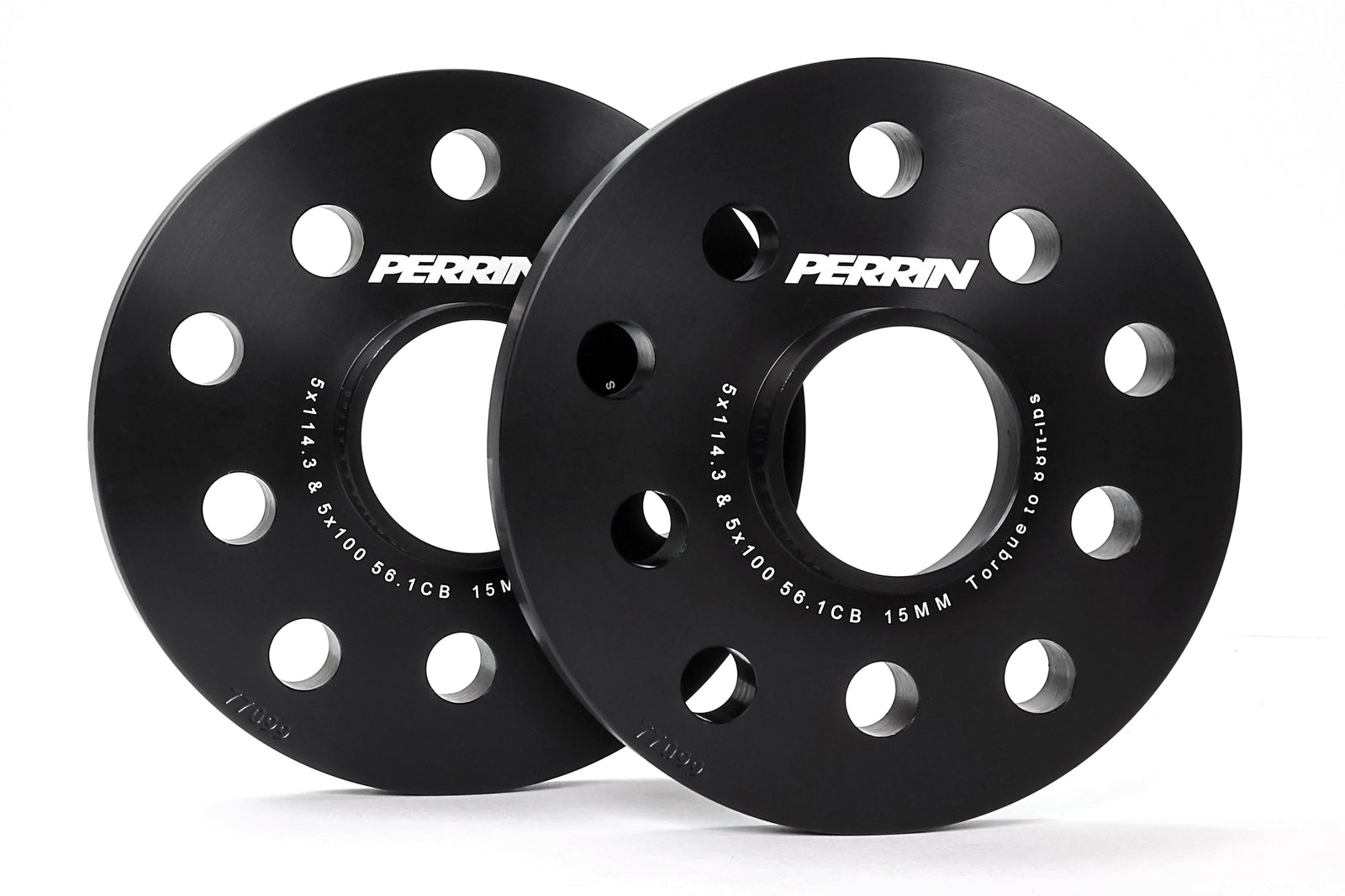 Perrin 15mm wheel spacers designed for Subaru WRX, STI, Forester, Outback, Legacy, Impreza, BRZ, FR-S, and 86 models.