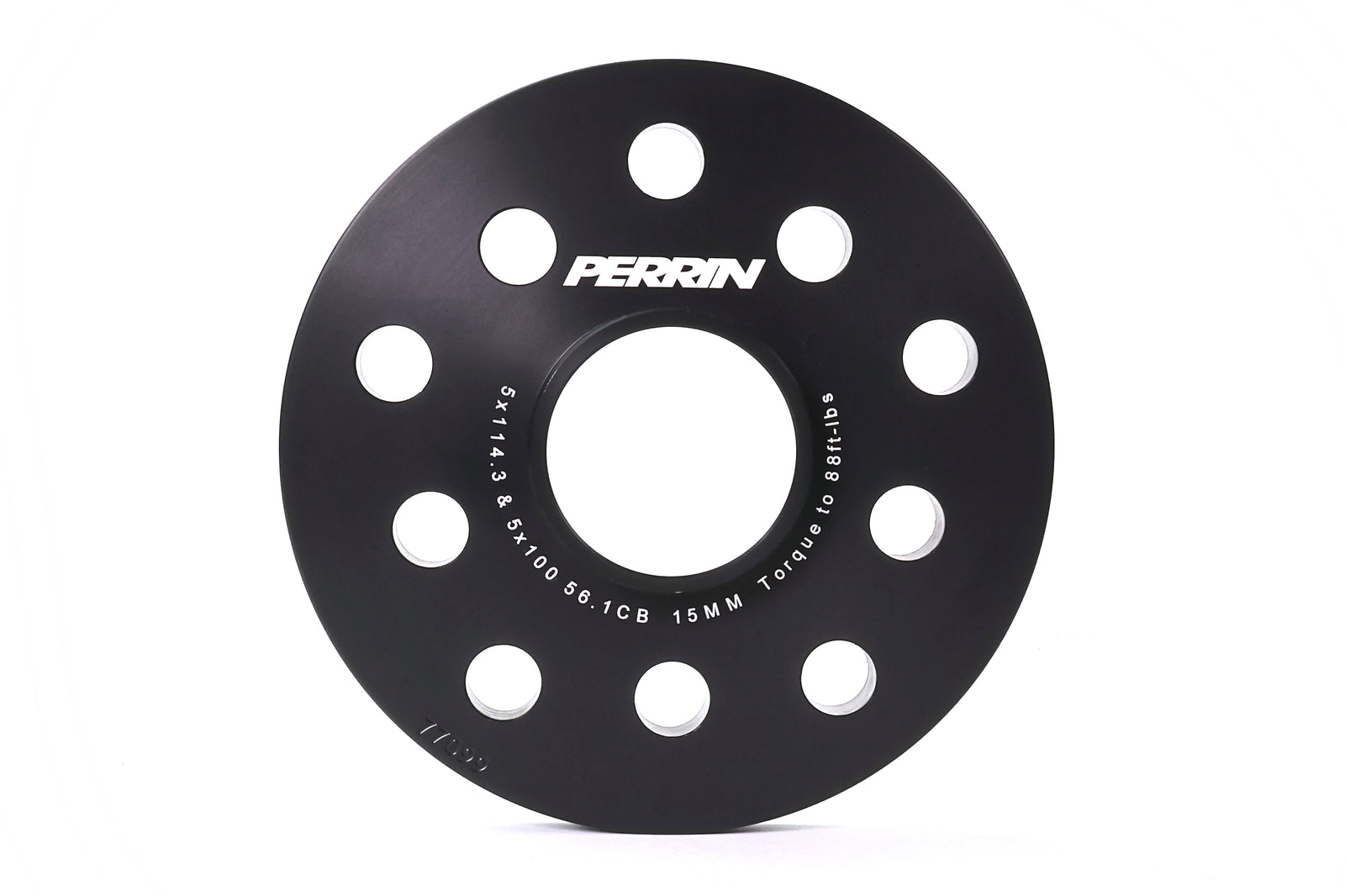 Perrin 15mm wheel spacers designed for Subaru models including WRX, STI, Forester, and BRZ for improved stance and handling.
